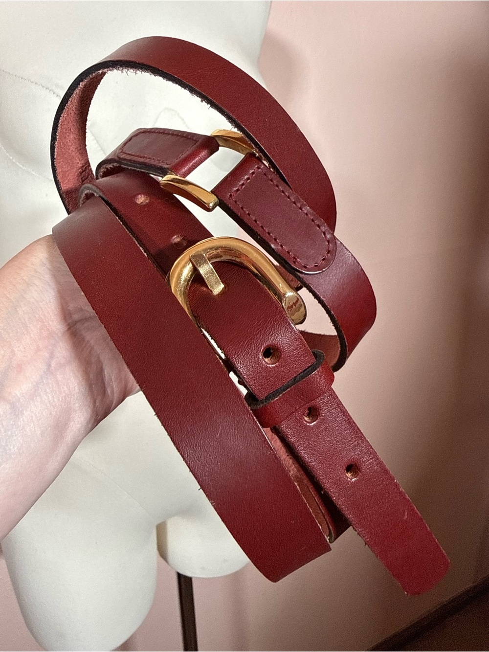 Vintage burgundy oxblood skinny leather double wrap wide belt 30 modernist